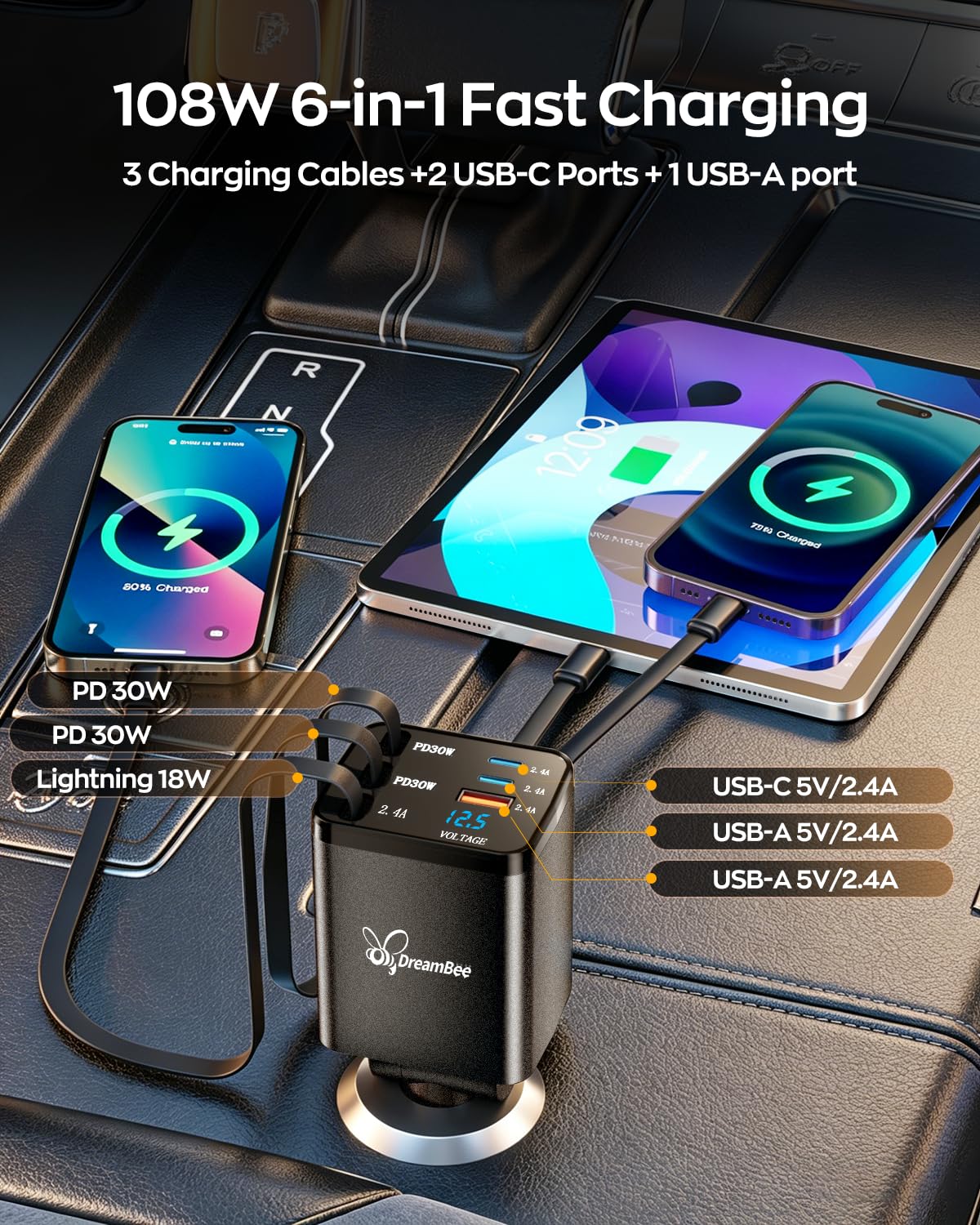 DreamBee cables retráctiles extendidos mostrando orden y ausencia de enredos