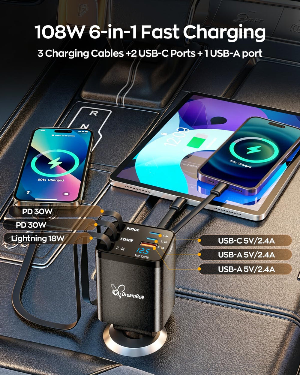 DreamBee cables retráctiles extendidos mostrando orden y ausencia de enredos