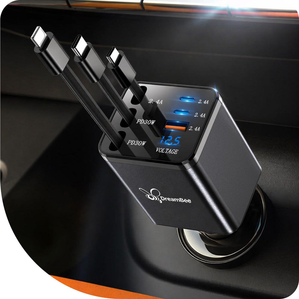 DreamBee vista frontal del cargador de coche con puertos múltiples, potencia compacta
