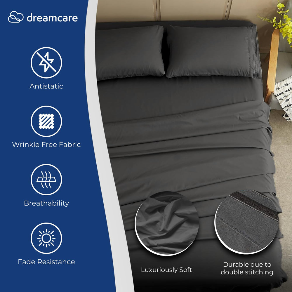 DREAMCARE fitted sheet close-up showing deep pocket and secure fit benefit