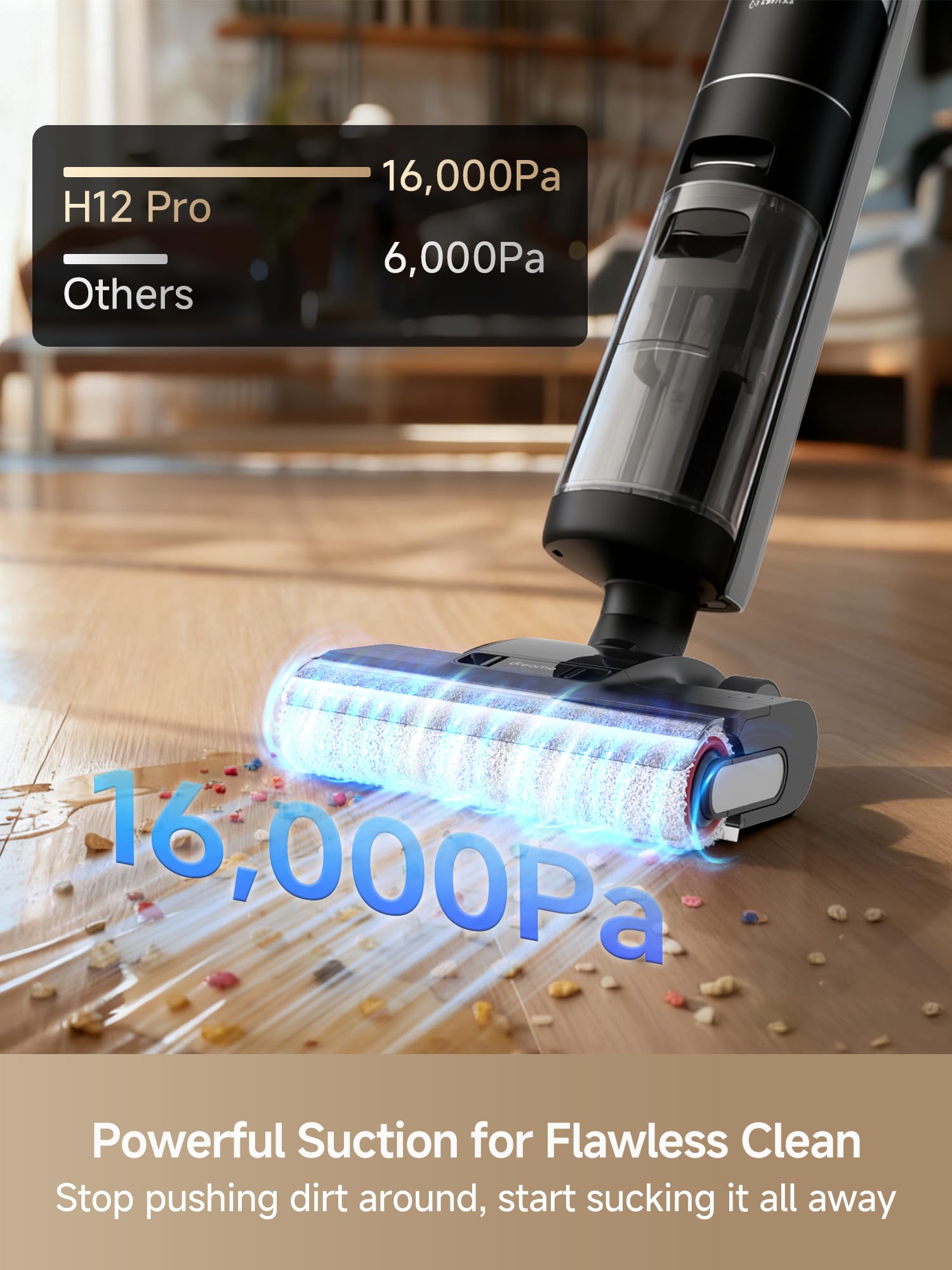 dreame h12 pro primer plano del rodillo mostrando textura para sujeción de suciedad