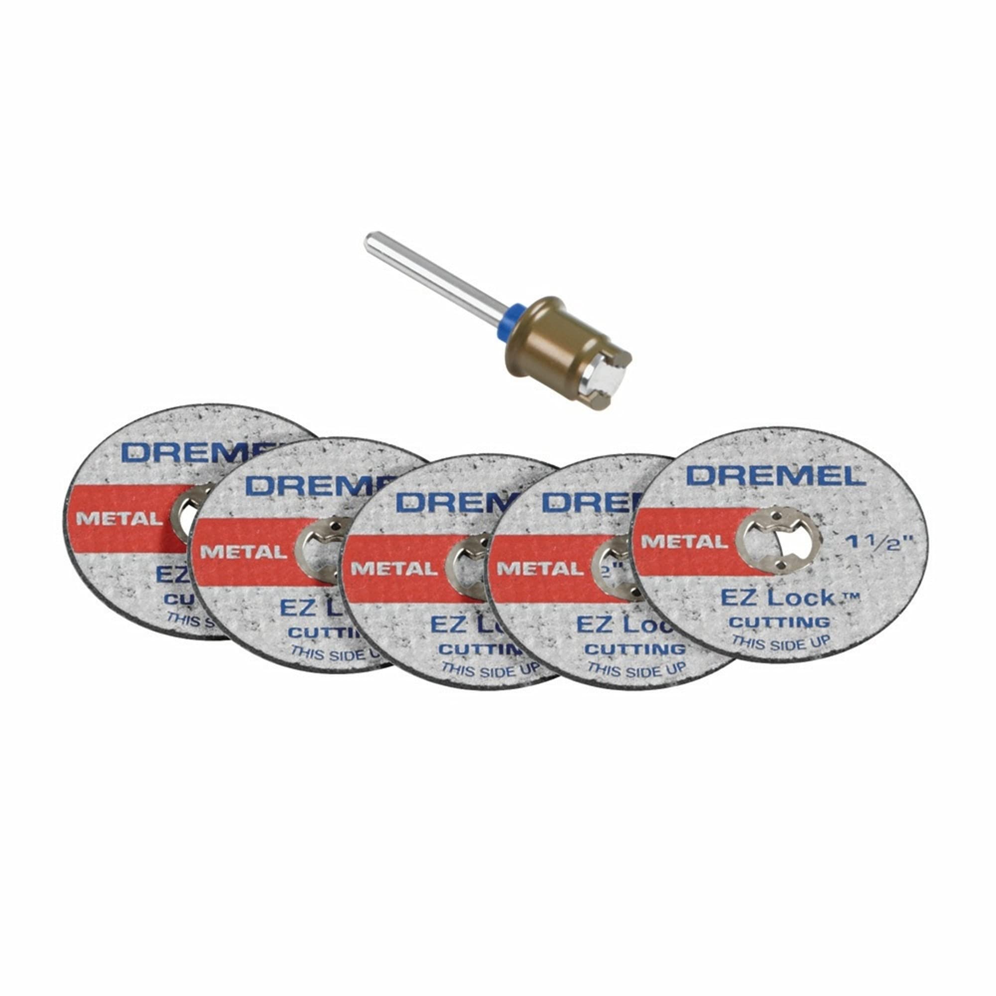 Dremel vista frontal del empaque del kit EZ406-02 con mandril y discos, identificación rápida