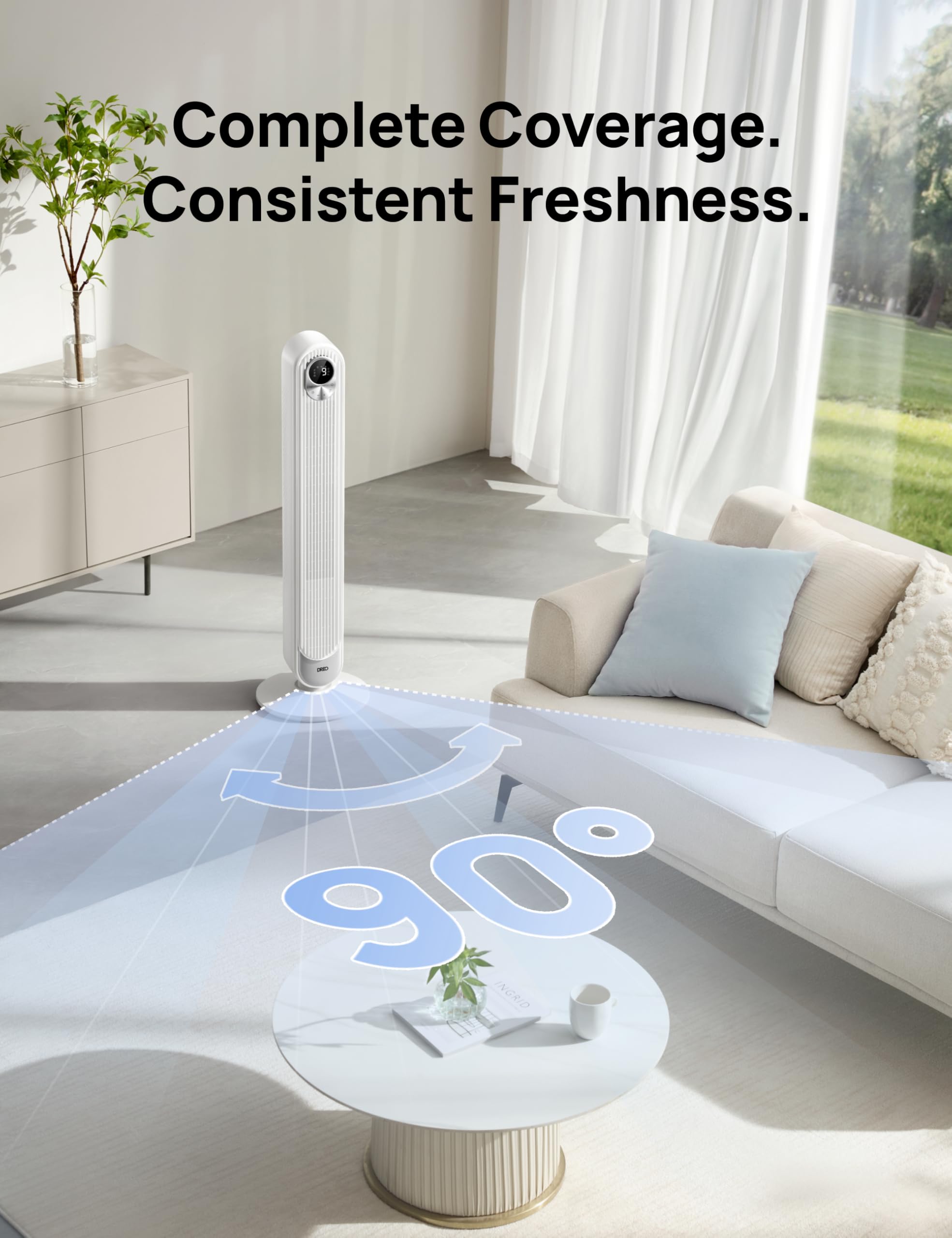 DREO demostración de oscilación 90° para distribución de aire por la sala