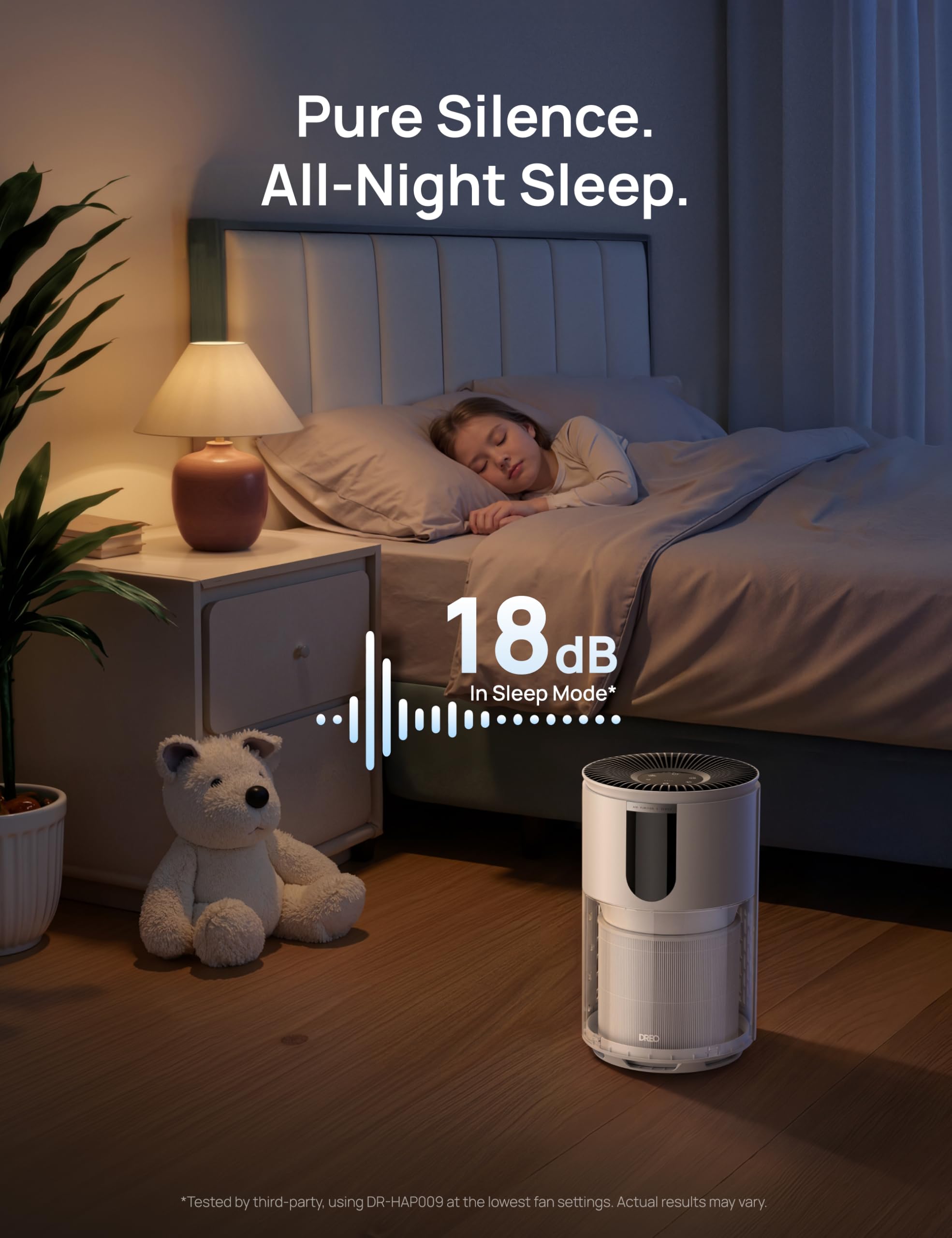 DREO in bedroom on low sleep mode demonstrating quiet operation and reduced lights