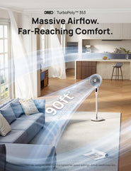 DREO ventilador al lado de mueble indicando escala y altura ajustable