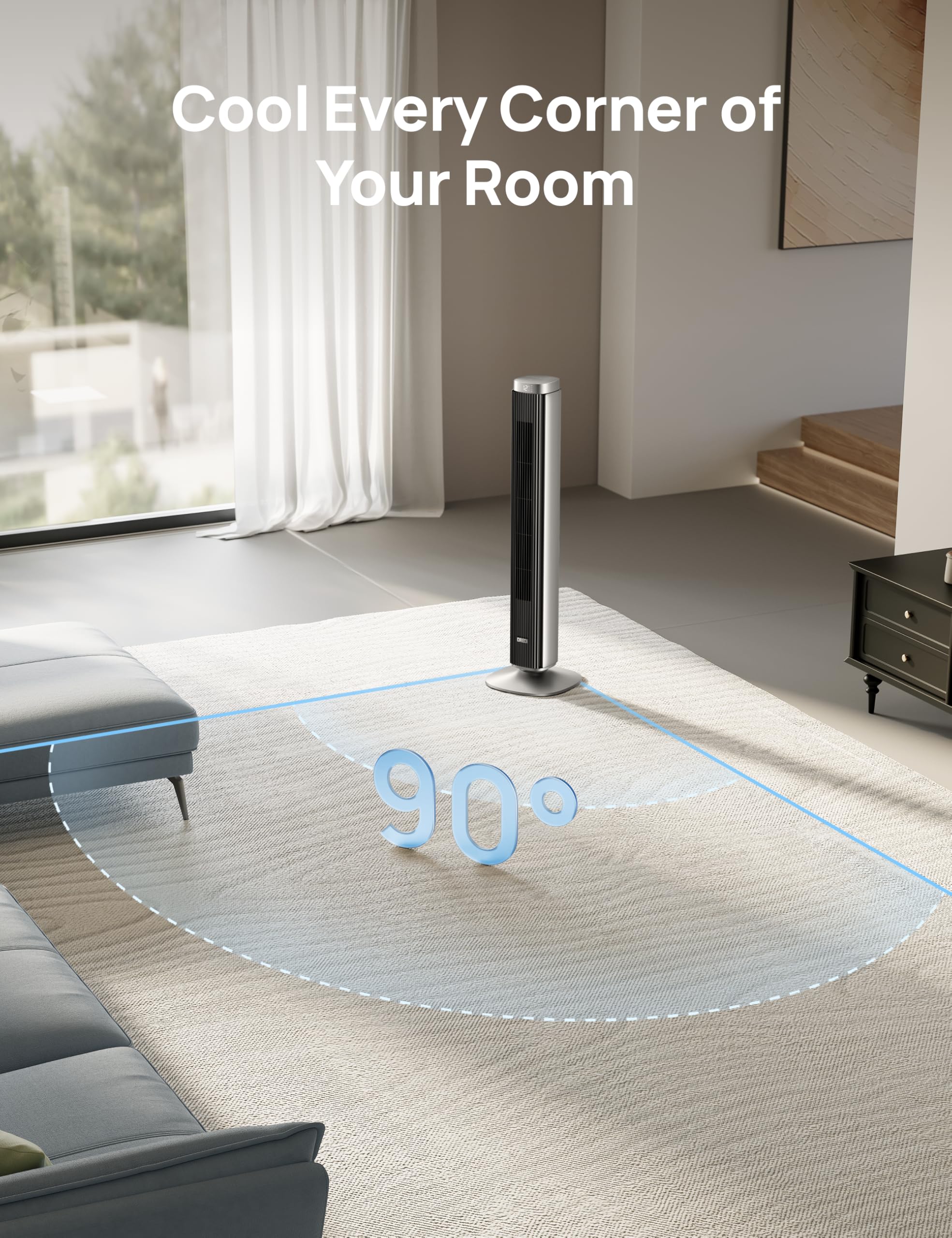 DREO ventilador al lado de silla para comparar tamaño y escala