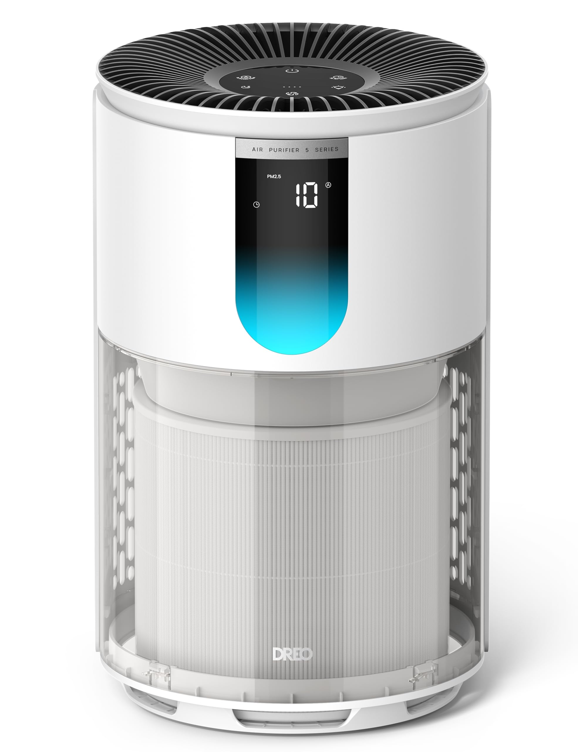 DREO purifier front view showing clean-lined design and large intake for faster circulation