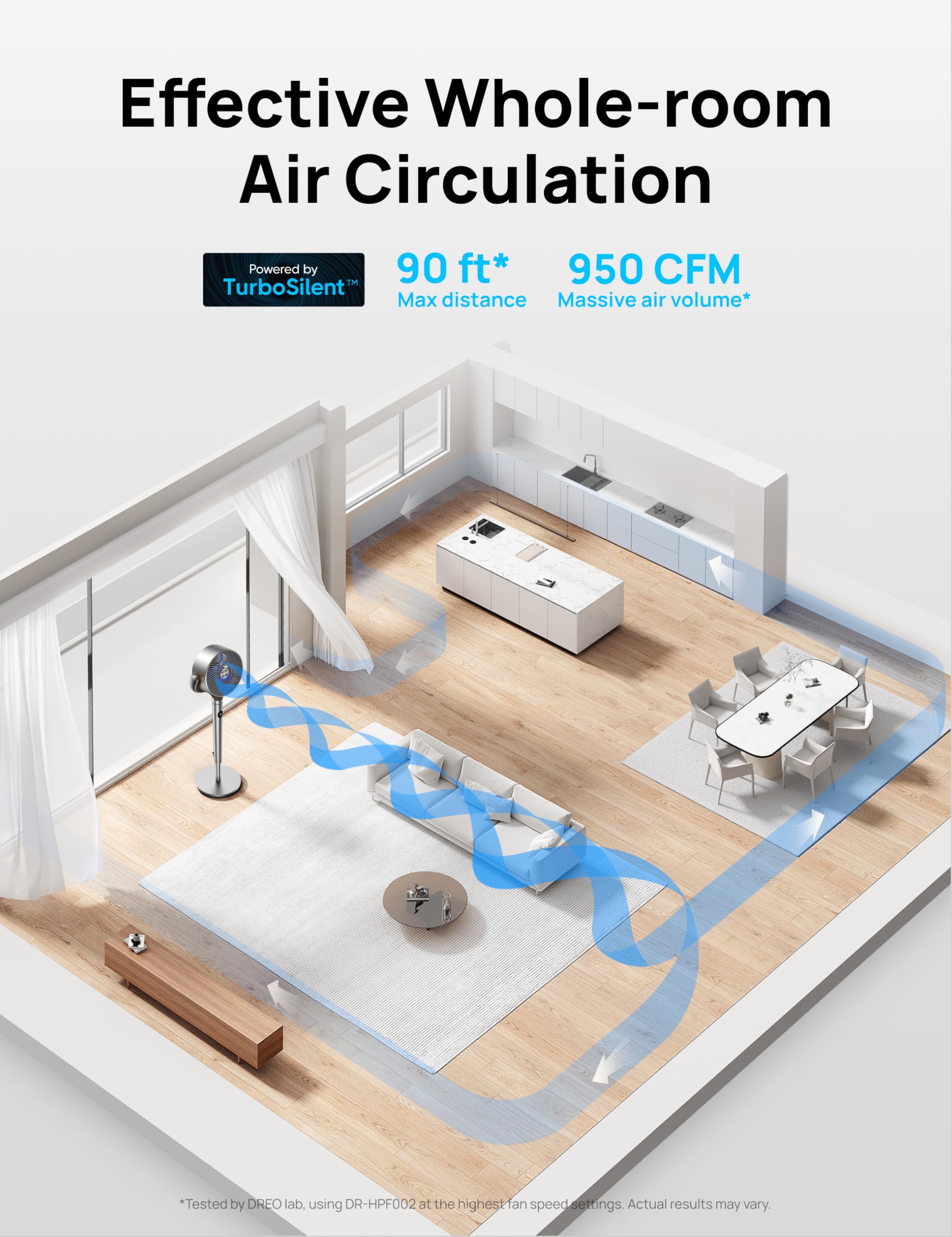 DREO ventilador en dormitorio emitiendo aire silencioso ideal para noches tranquilas