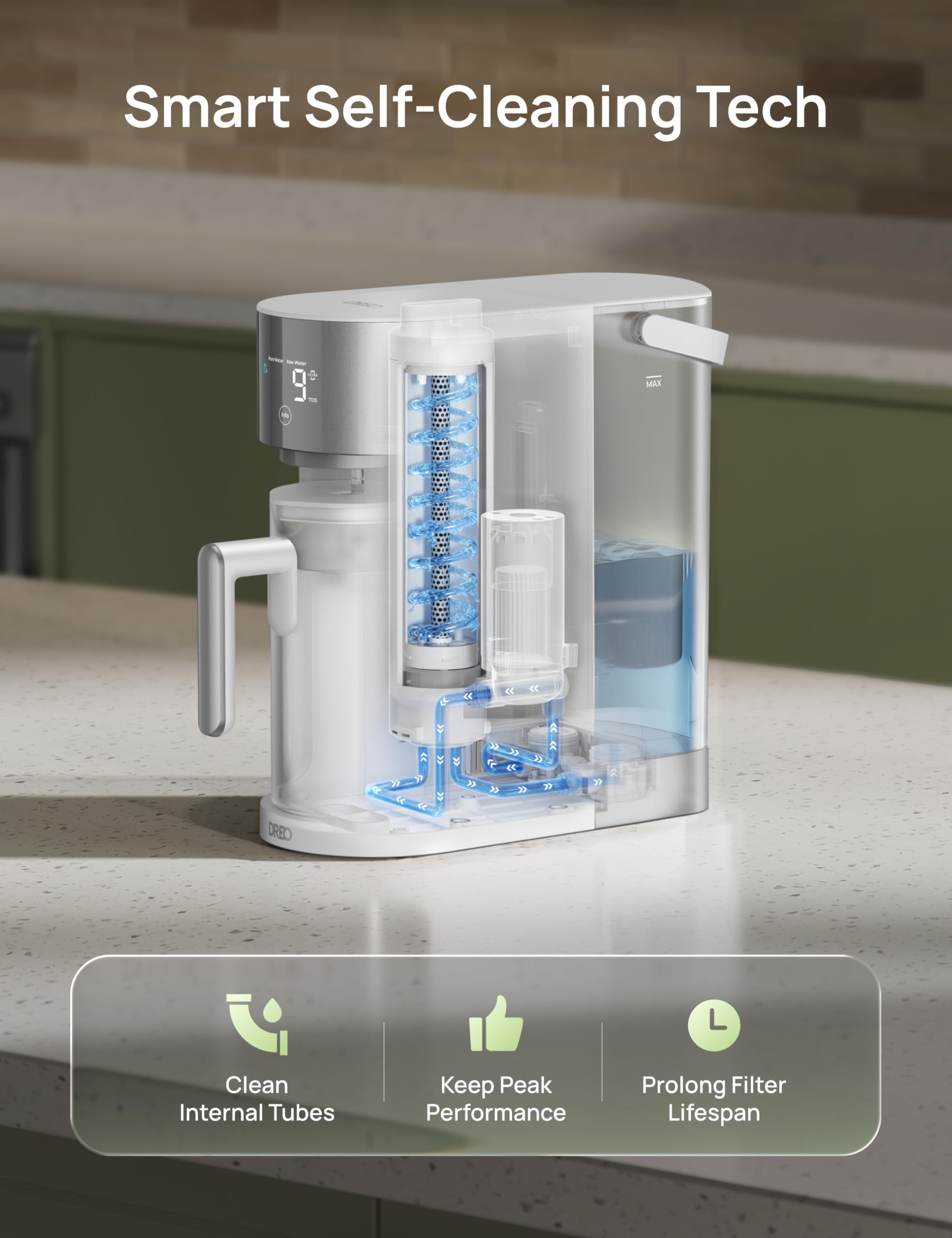 DREO en cocina moderna mostrando agua purificada lista para beber