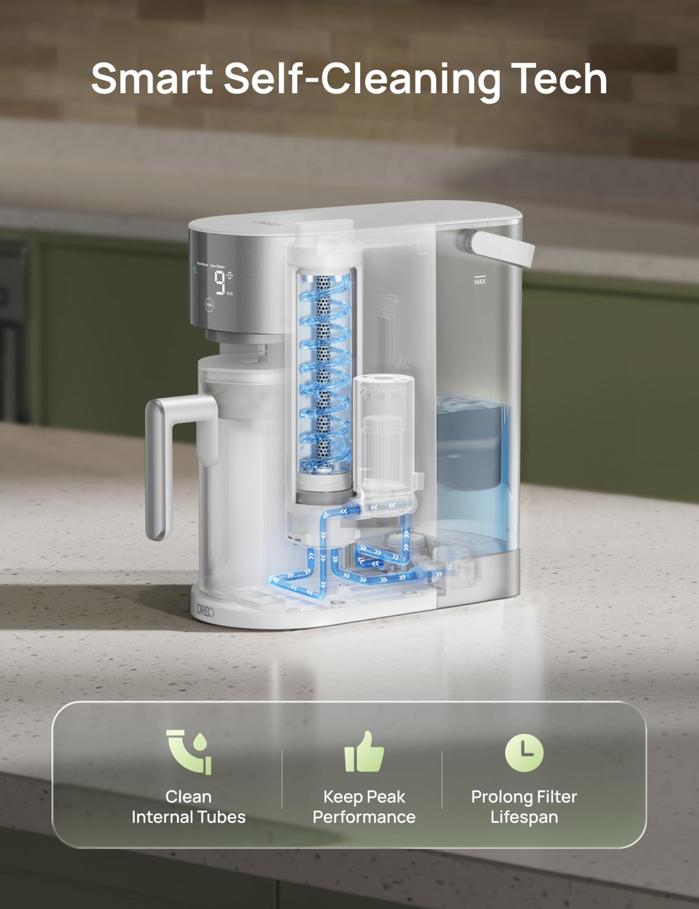 DREO en cocina moderna mostrando agua purificada lista para beber