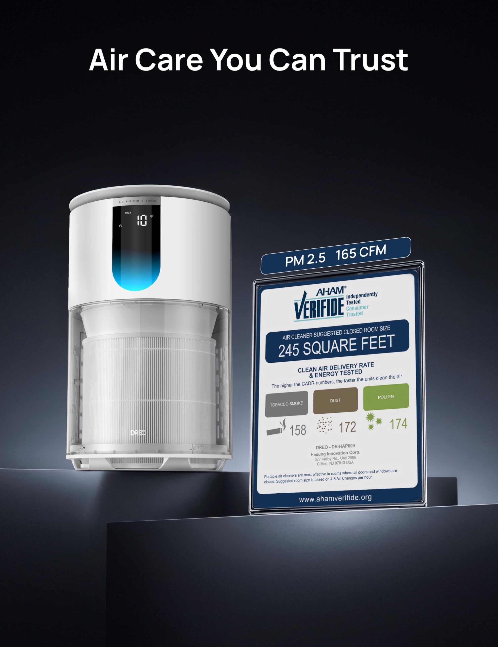 DREO transparent filter window closeup revealing filter condition for easier maintenance