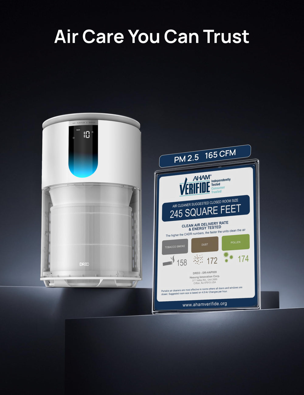 DREO transparent filter window closeup revealing filter condition for easier maintenance