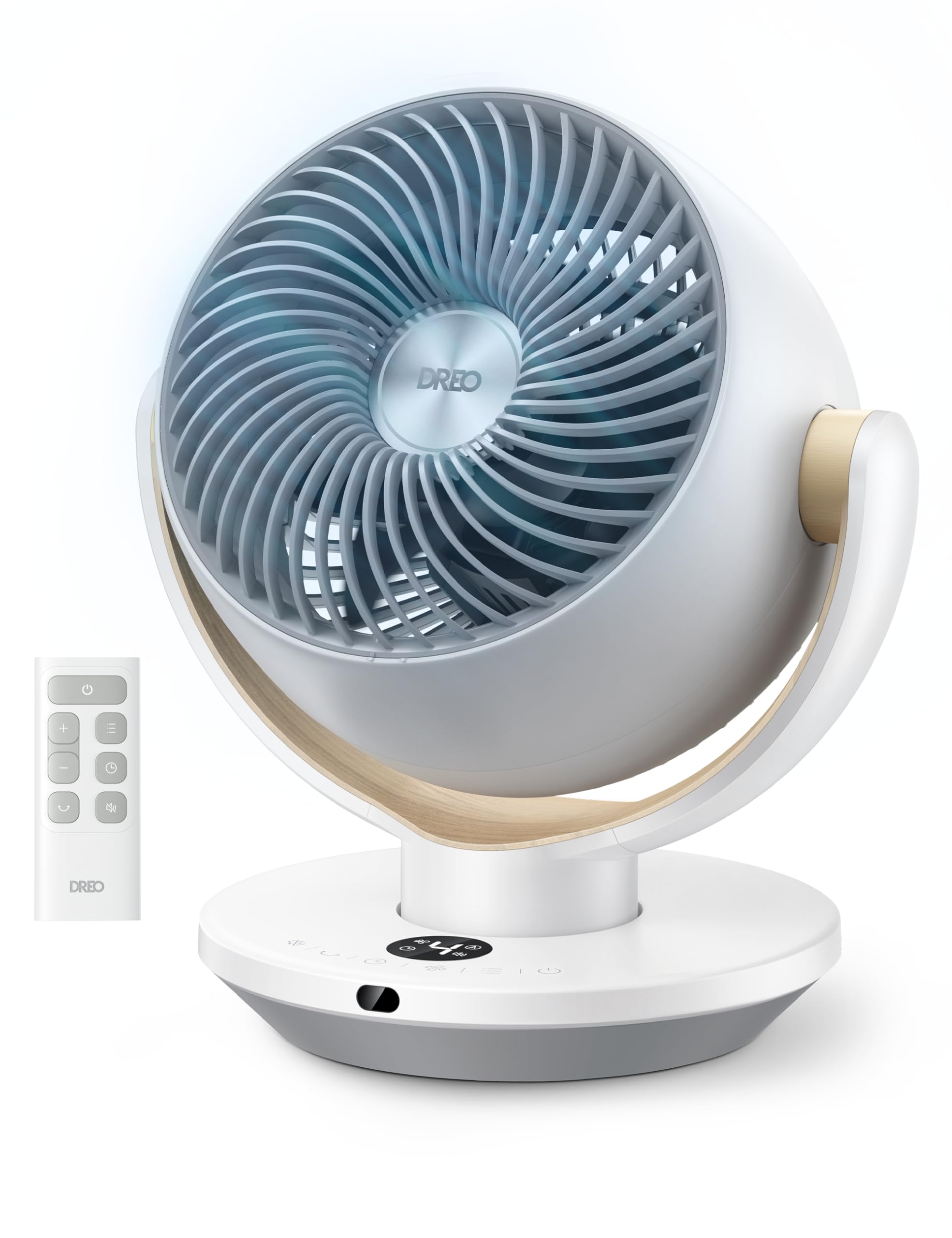 DREO vista frontal del ventilador mostrando diseño compacto y potencia