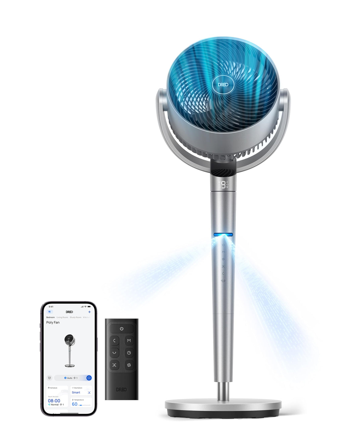 DREO front view pedestal fan showing sleek design and powerful airflow benefit