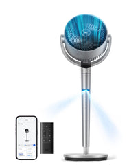 DREO front view pedestal fan showing sleek design and powerful airflow benefit