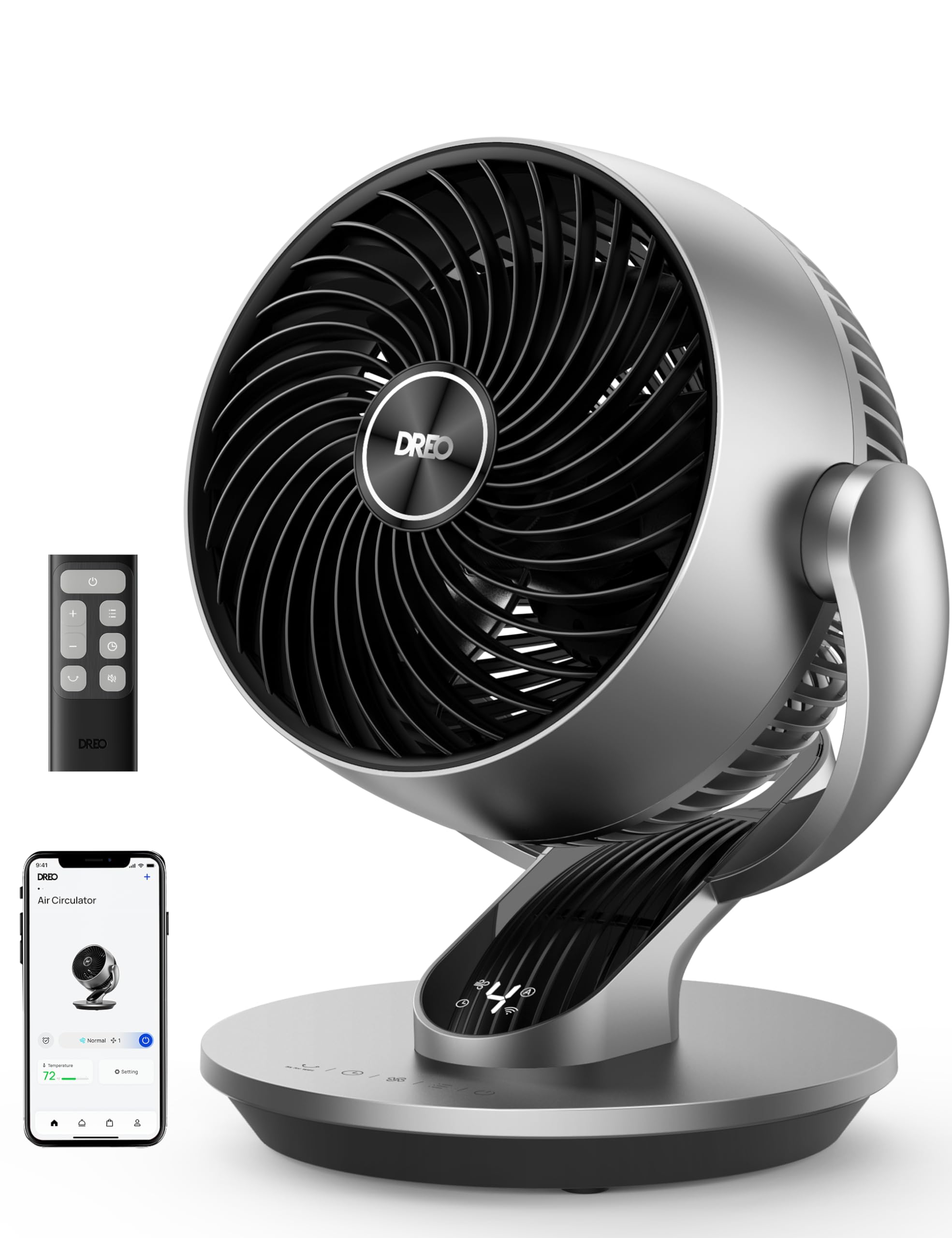 DREO vista frontal del ventilador mostrando diseño compacto y potencia