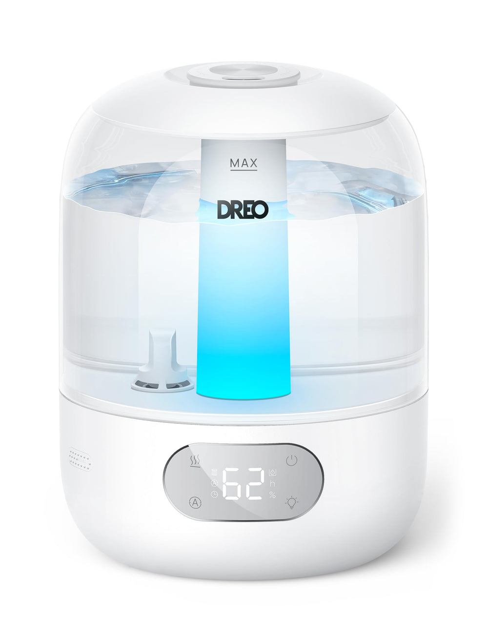 DREO vista frontal del humidificador, estética compacta y funcionalidad clara