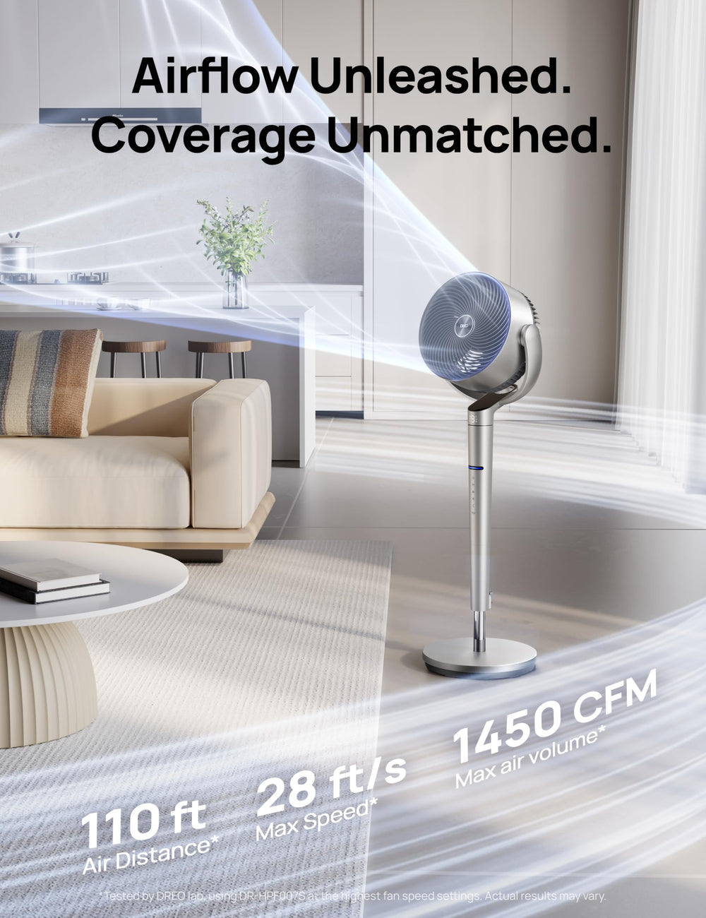 DREO adjustable height comparison with person for flexible airflow reach