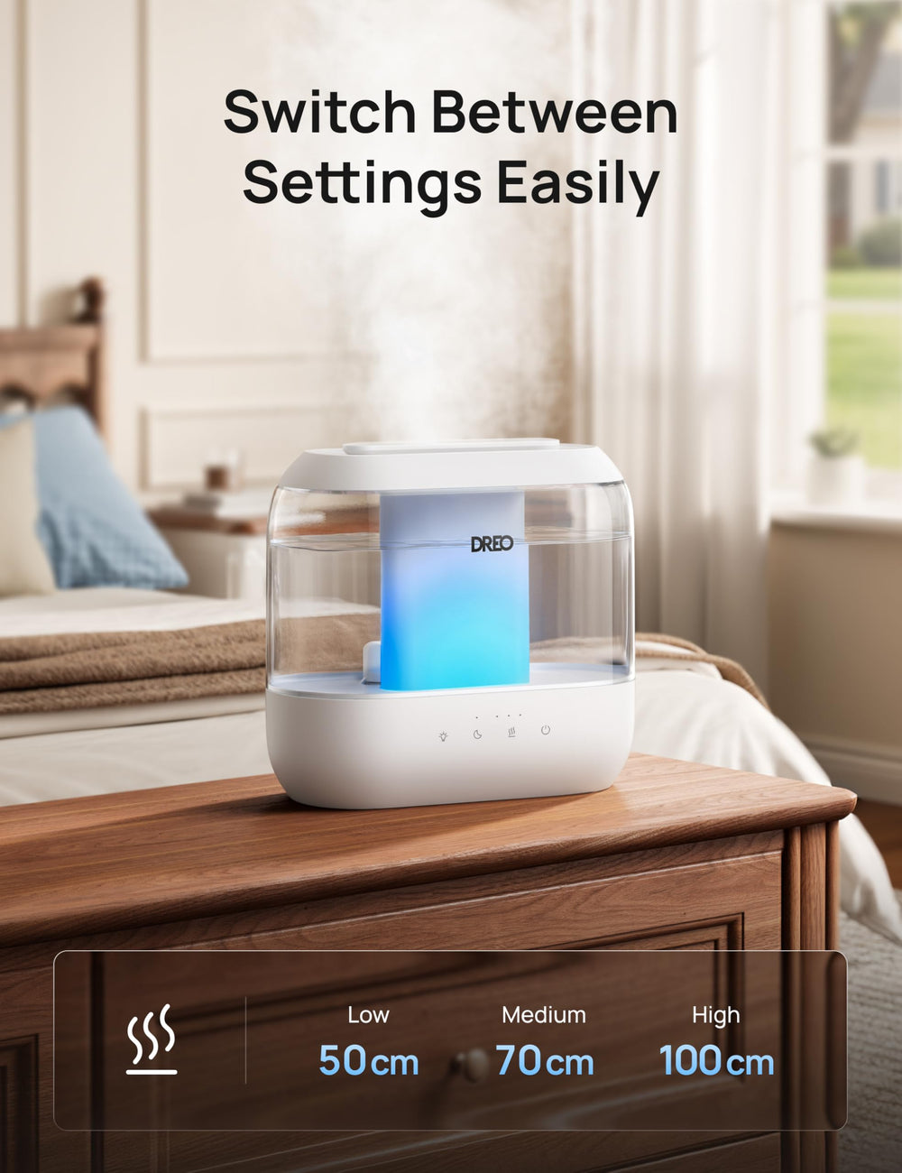 DREO HM311 iluminación ambiental encendida para crear ambiente relajante