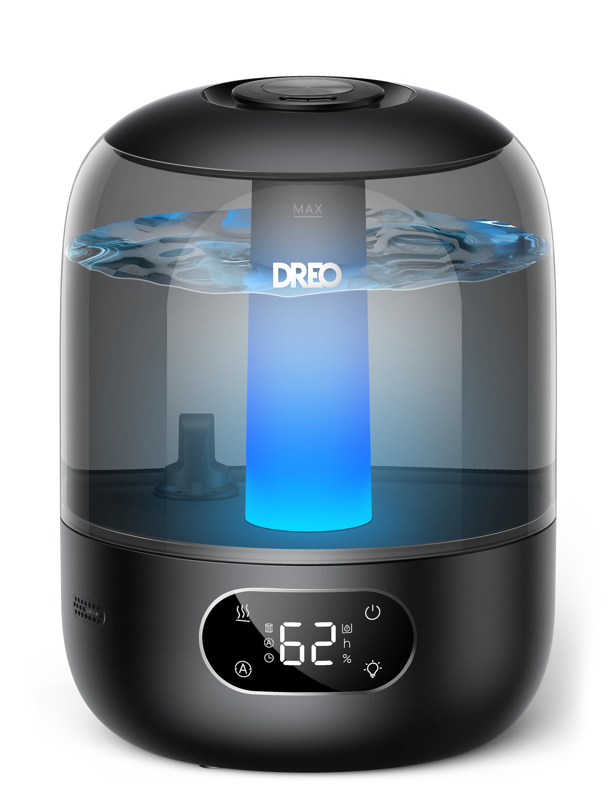 DREO humidificador frontal negro mostrando diseño moderno y capacidad grande