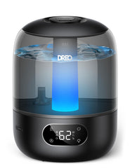 DREO humidificador frontal negro mostrando diseño moderno y capacidad grande