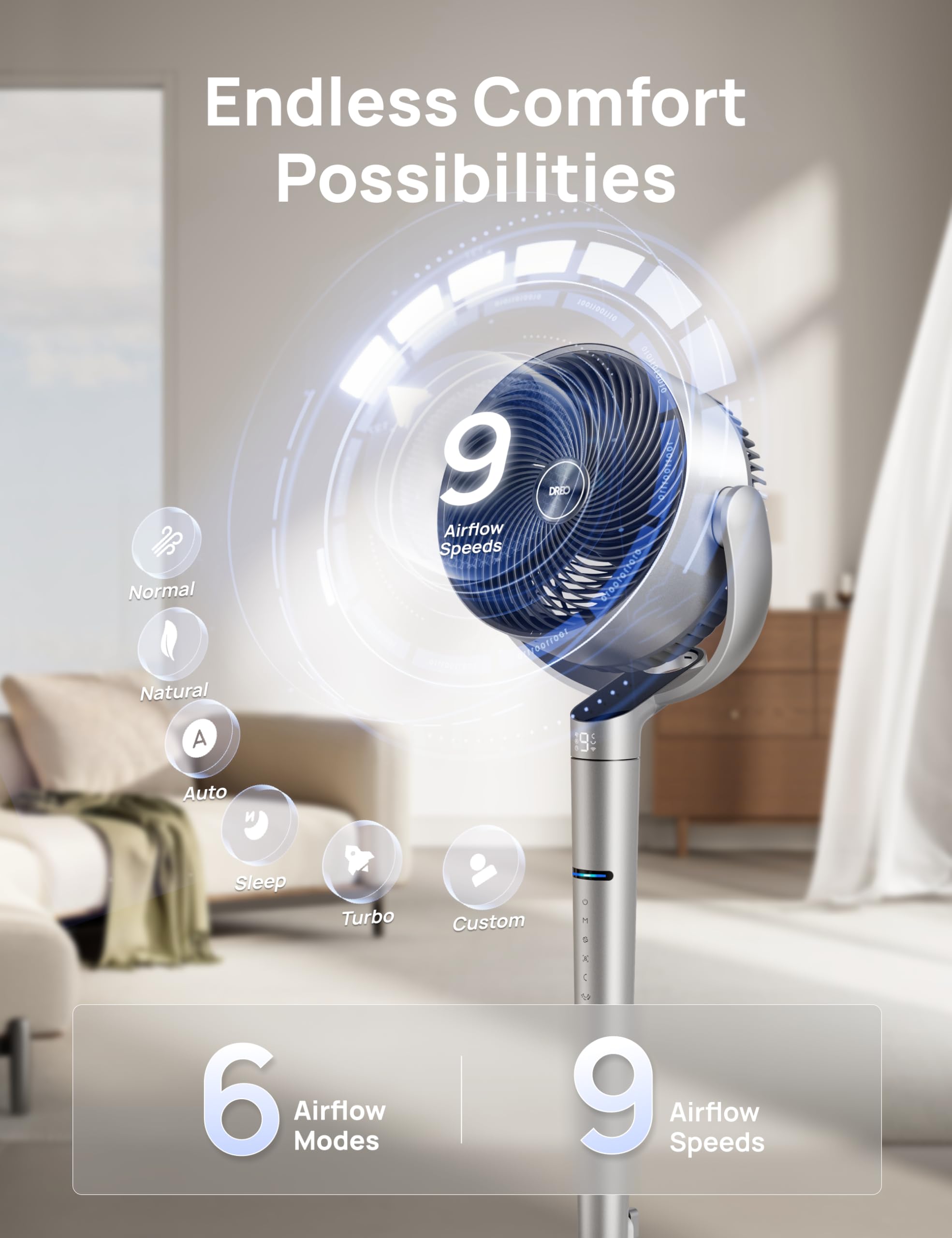 DREO fan in bedroom scene operating quietly for restful, low‑noise sleeping