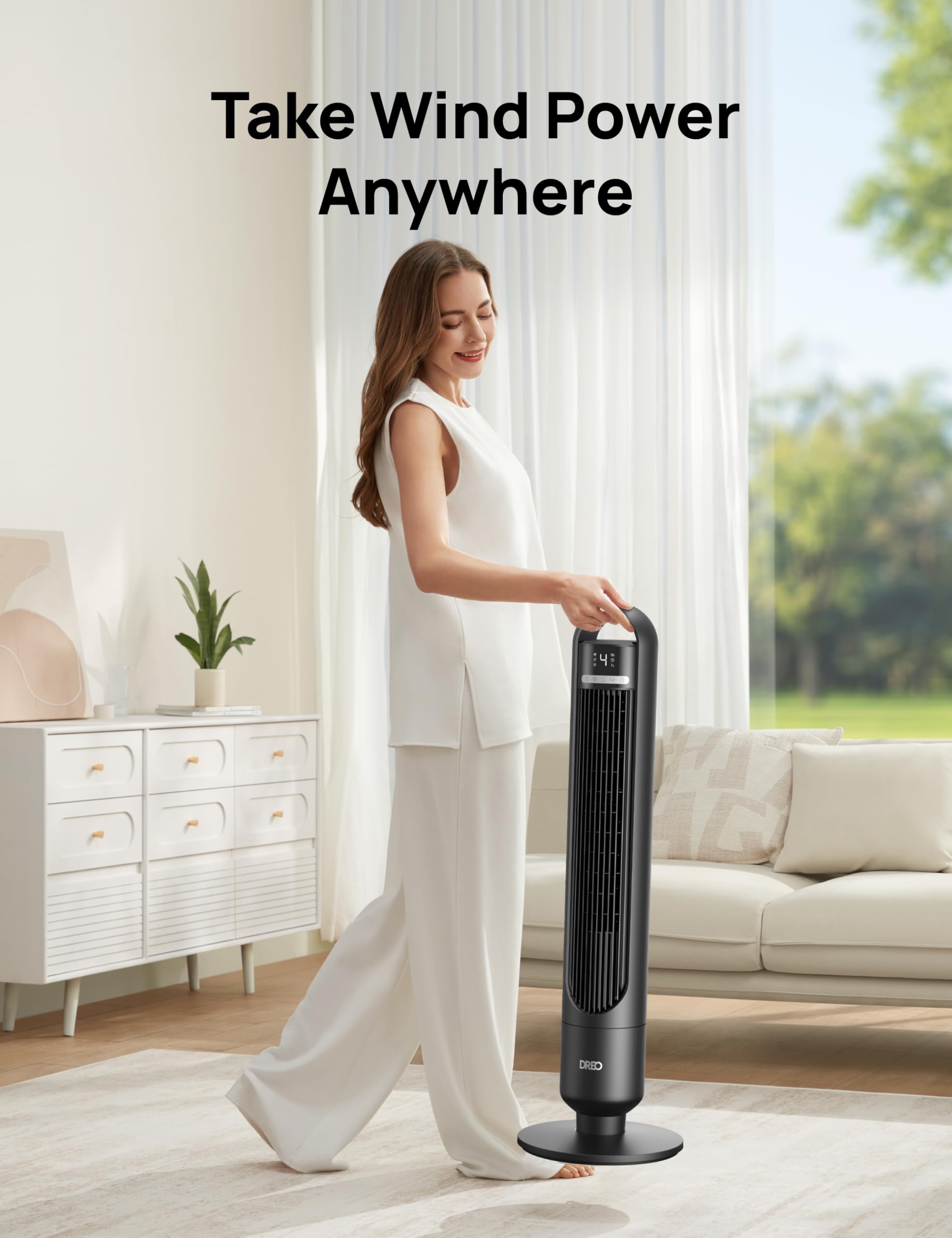 DREO oscilando 90° para distribuir aire por toda la habitación