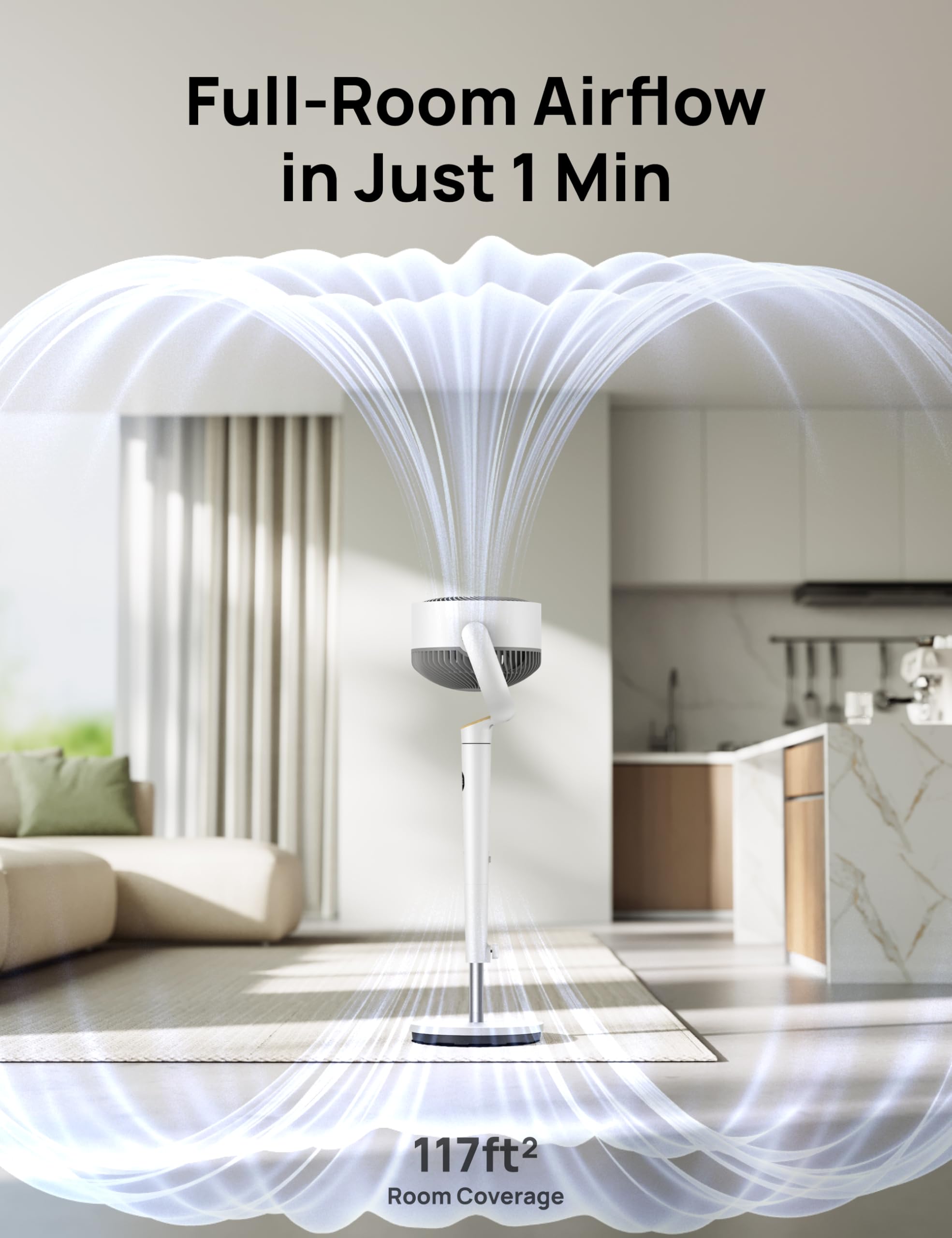 DREO ventilador oscilando 120° horizontalmente para cubrir toda la habitación