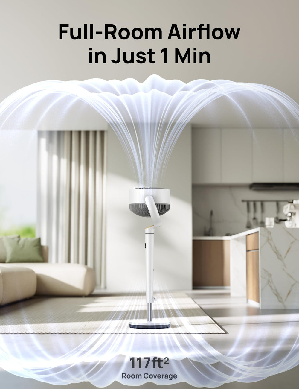 DREO ventilador oscilando 120° horizontalmente para cubrir toda la habitación