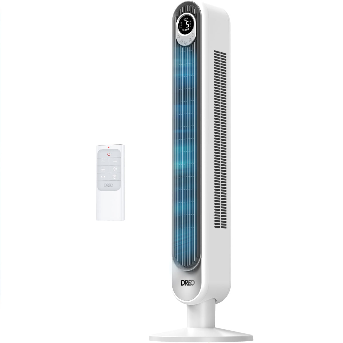DREO vista frontal del ventilador torre con diseño estilizado y potente flujo