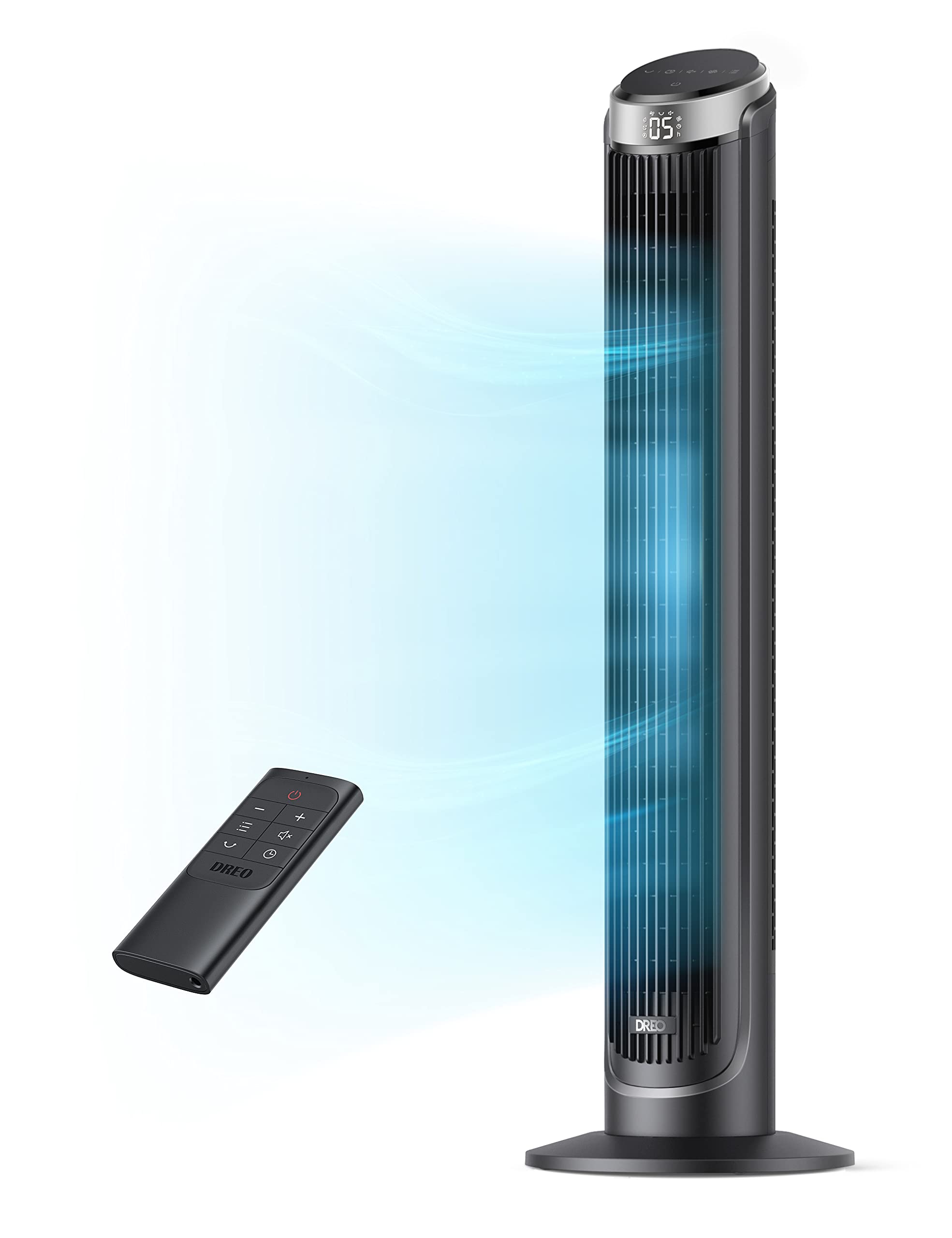DREO vista frontal del ventilador de torre con flujo potente