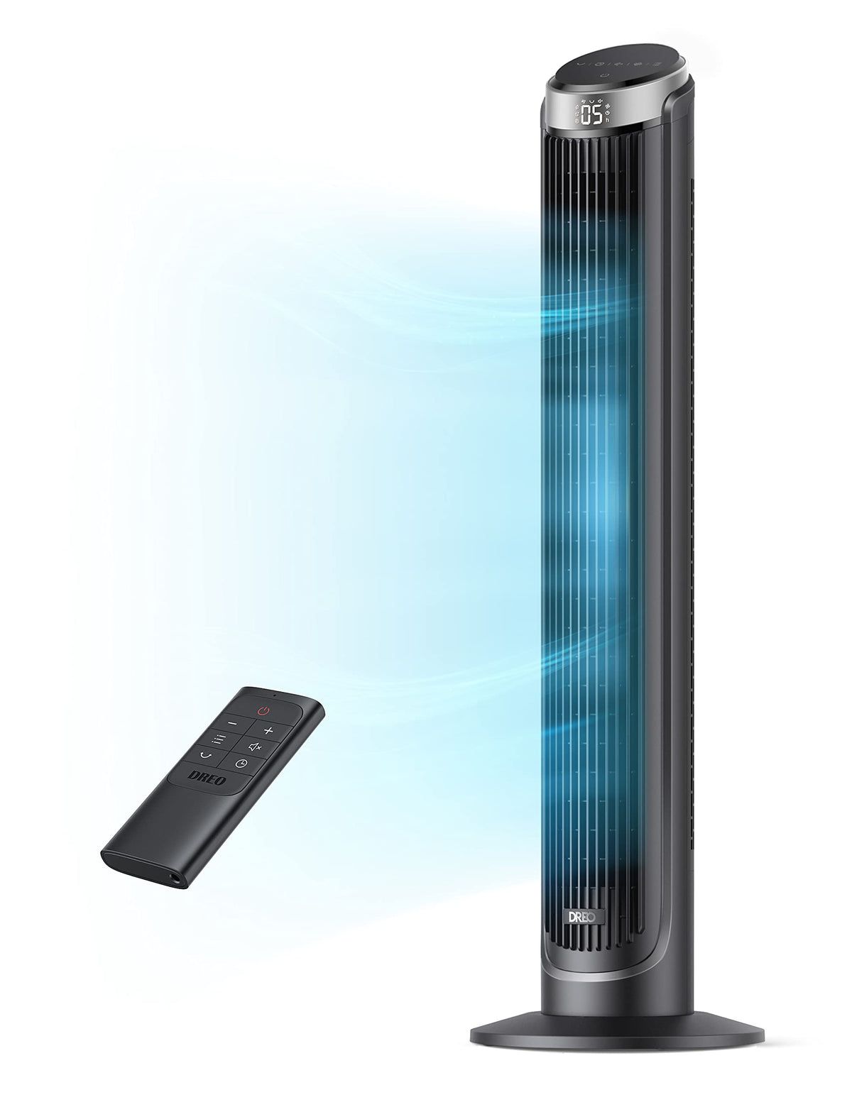 DREO vista frontal del ventilador de torre con flujo potente
