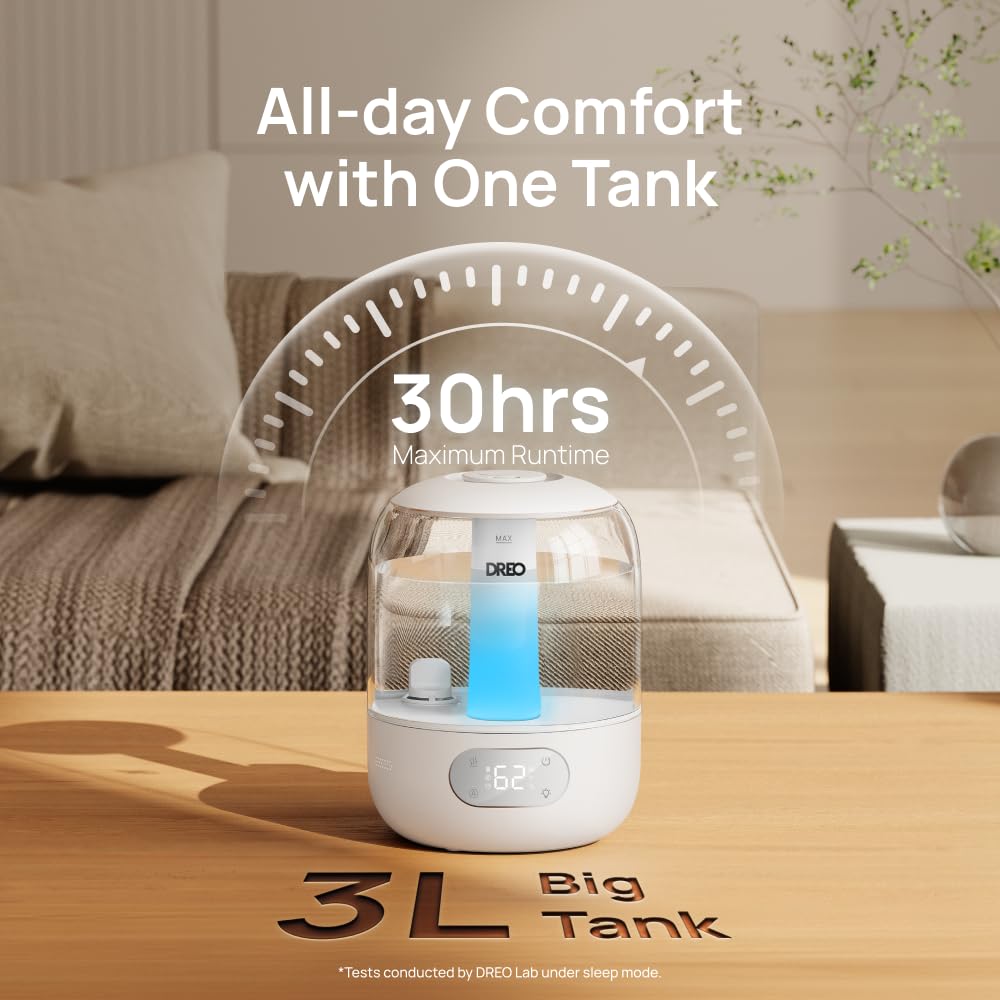 DREO humidificador en dormitorio ambientado mejora confort y relax