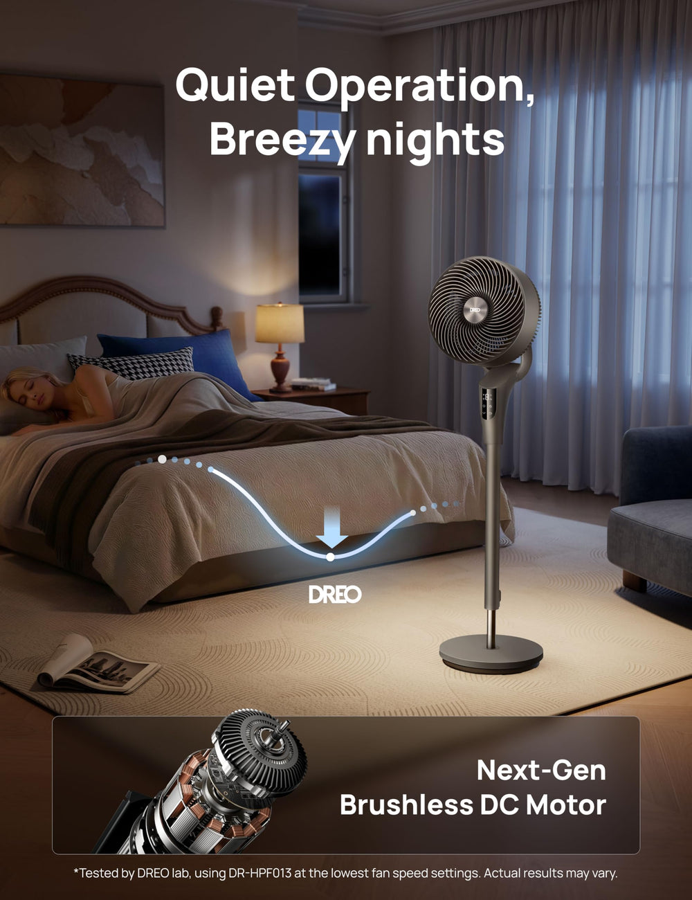 DREO ventilador 2026 primer plano de aspas, diseño que reduce ruido