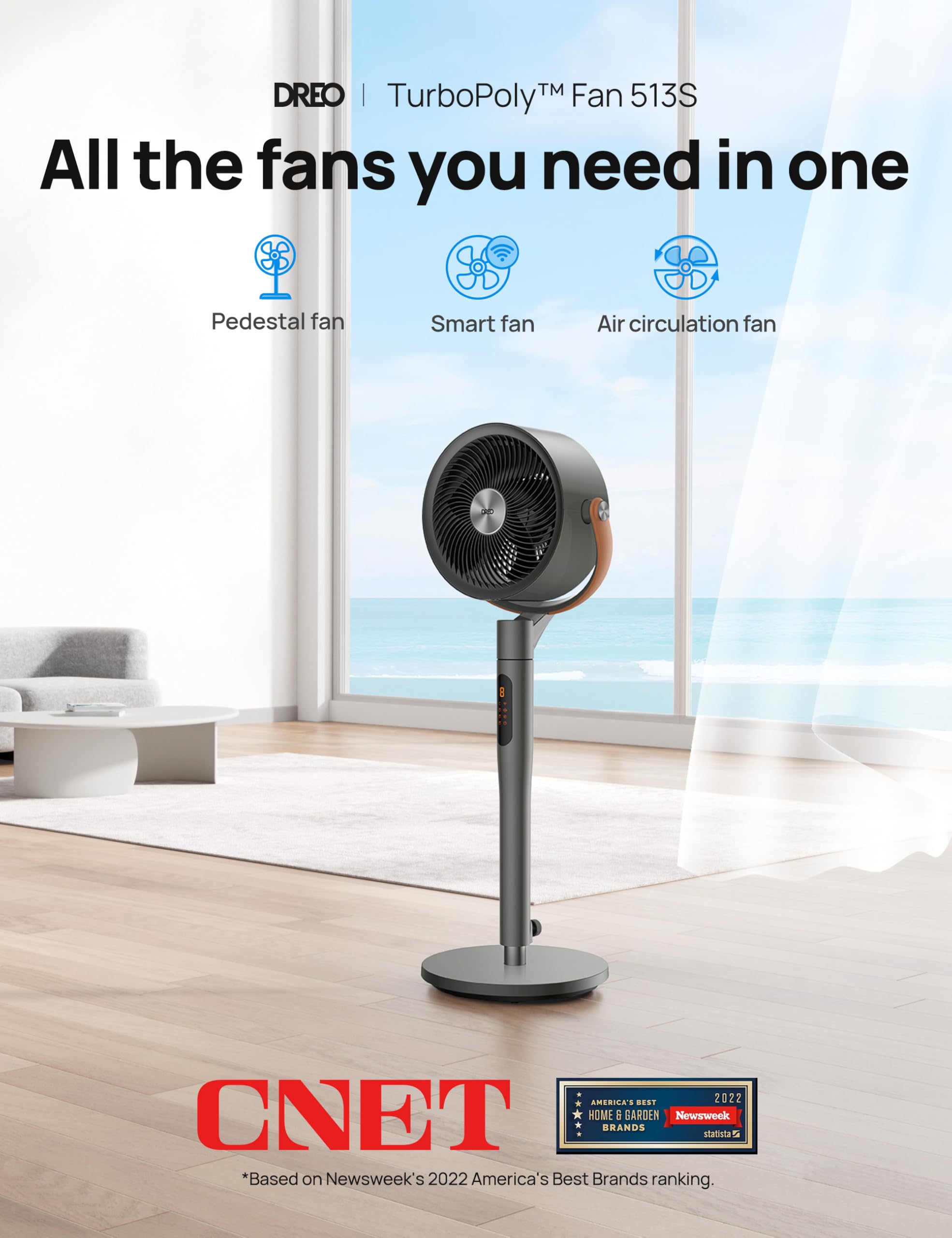 DREO ventilador detalle de aspas optimizadas que mejoran flujo y reducen ruido