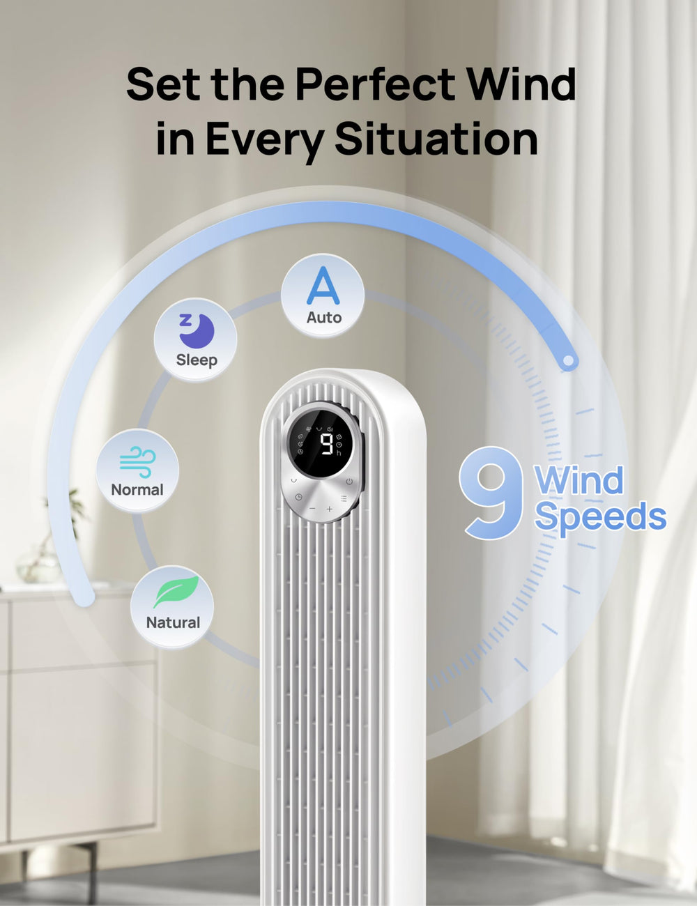 DREO ventilador en dormitorio proporcionando brisa cómoda durante la noche