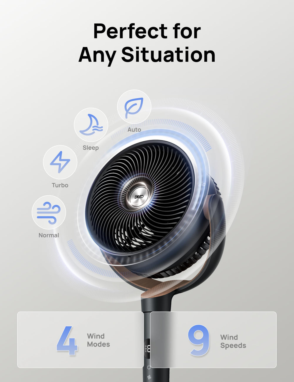DREO ventilador en dormitorio proporcionando aire silencioso y cómodo