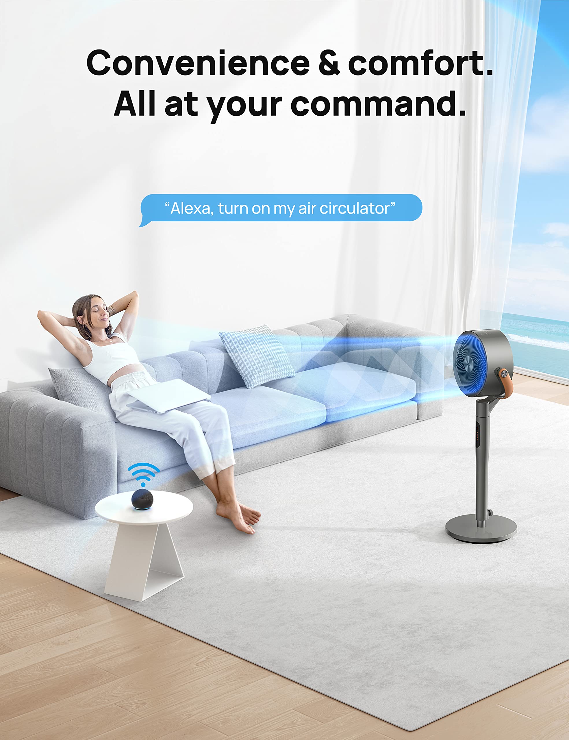 DREO ventilador ilustrando chorro de aire largo hasta 100 pies para mayor alcance