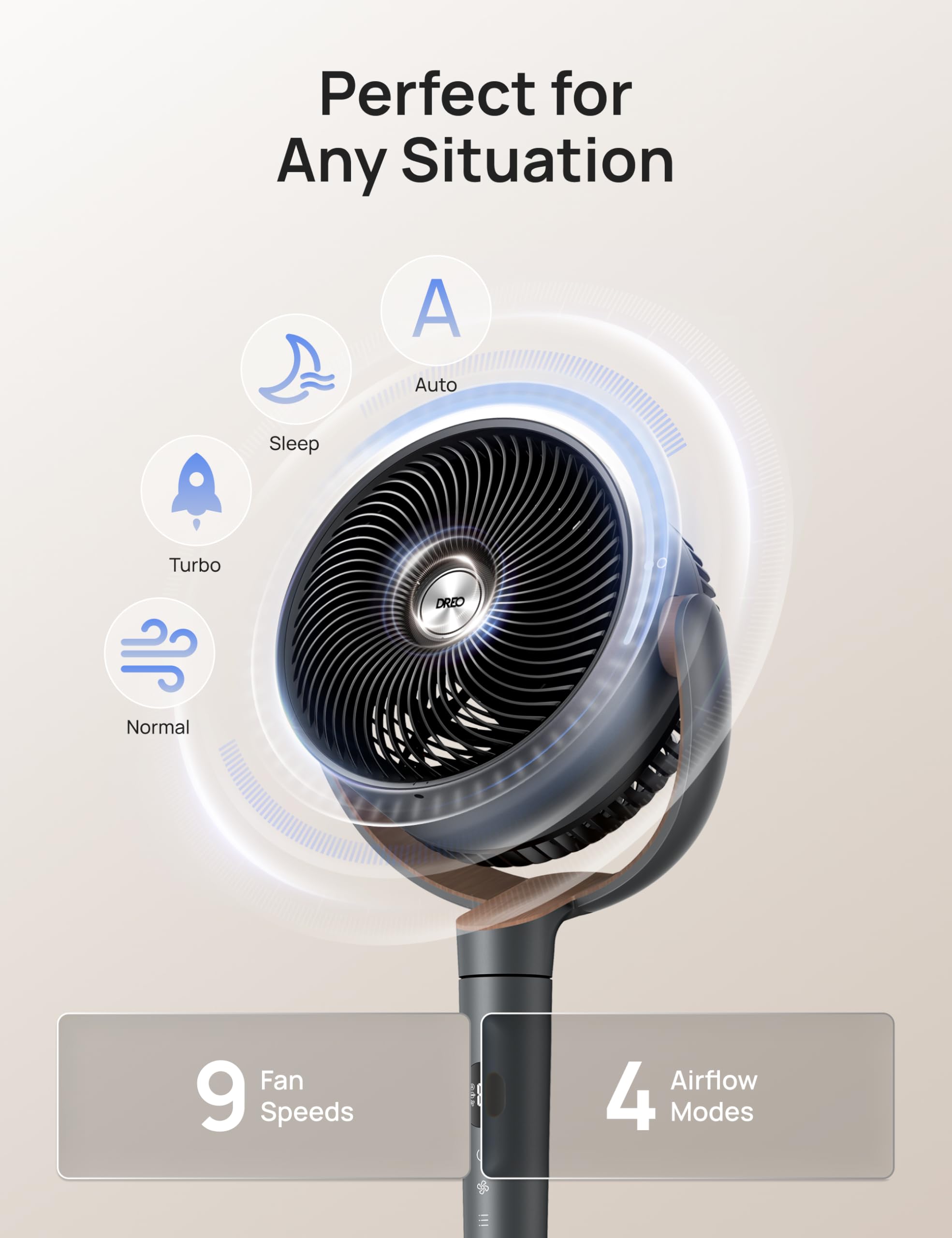 DREO ventilador en dormitorio proporcionando ambiente fresco y silencioso