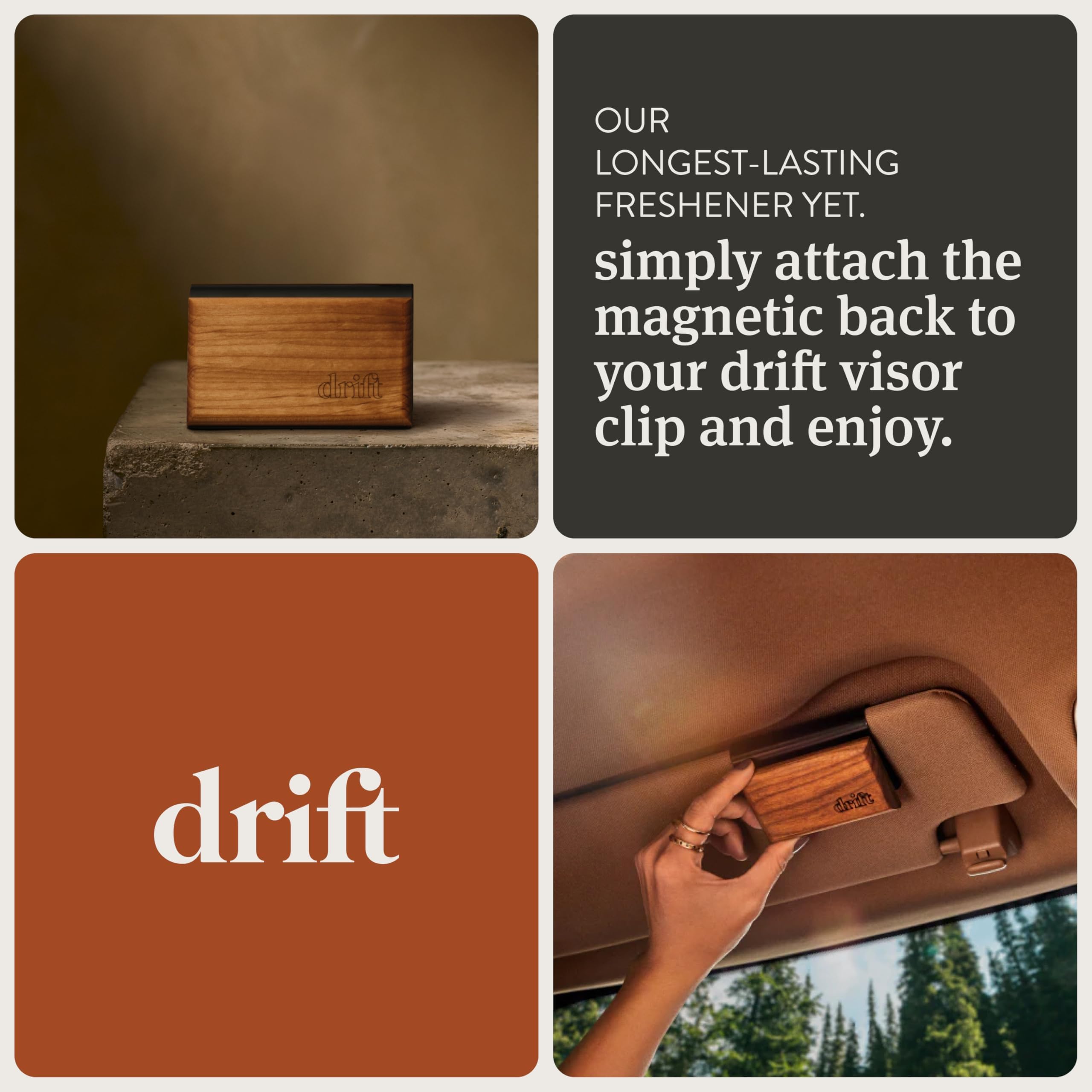Drift ambientador junto a una mano para comparar tamaño práctico