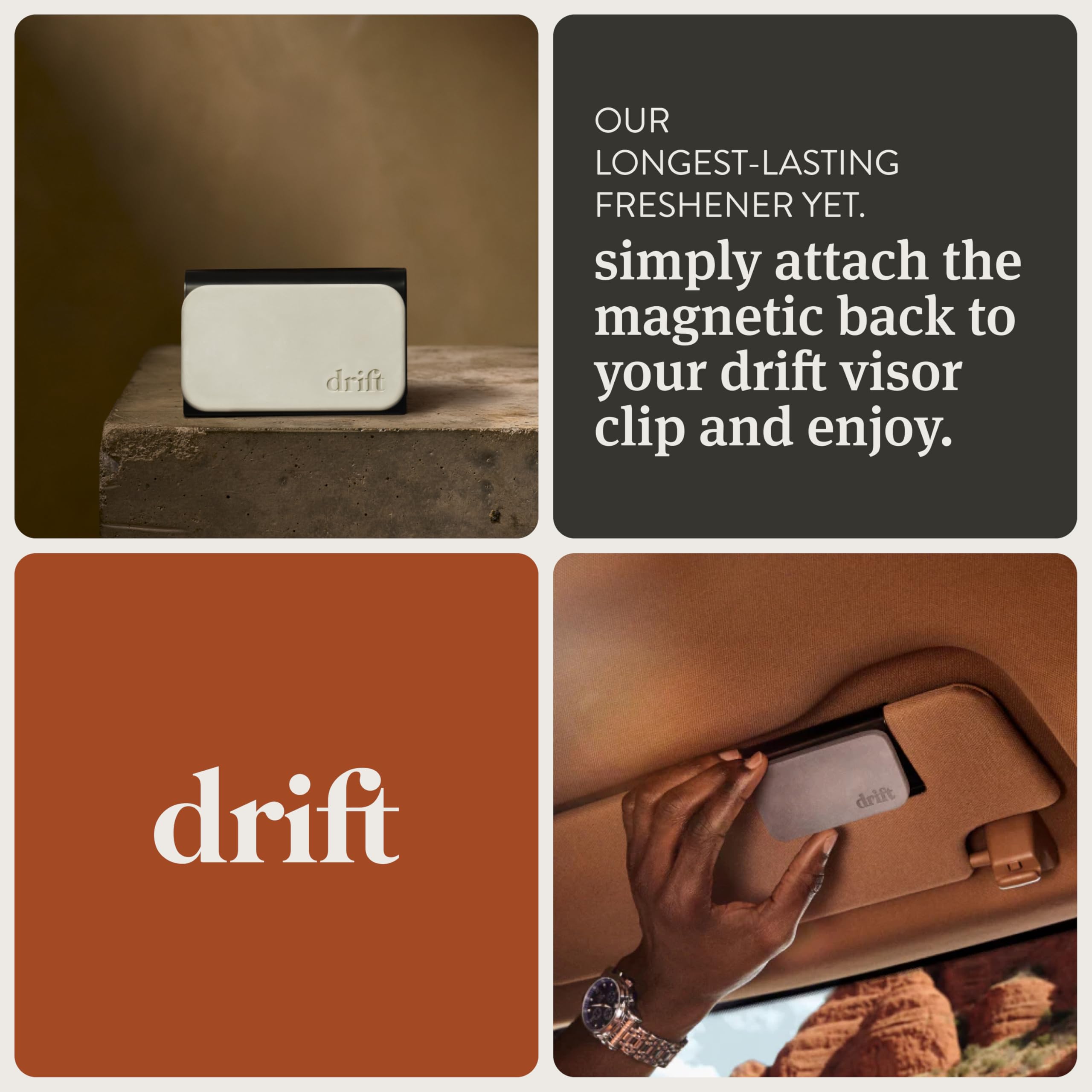 Drift ambientador instalado en parasol dentro del coche, mantiene interior fresco