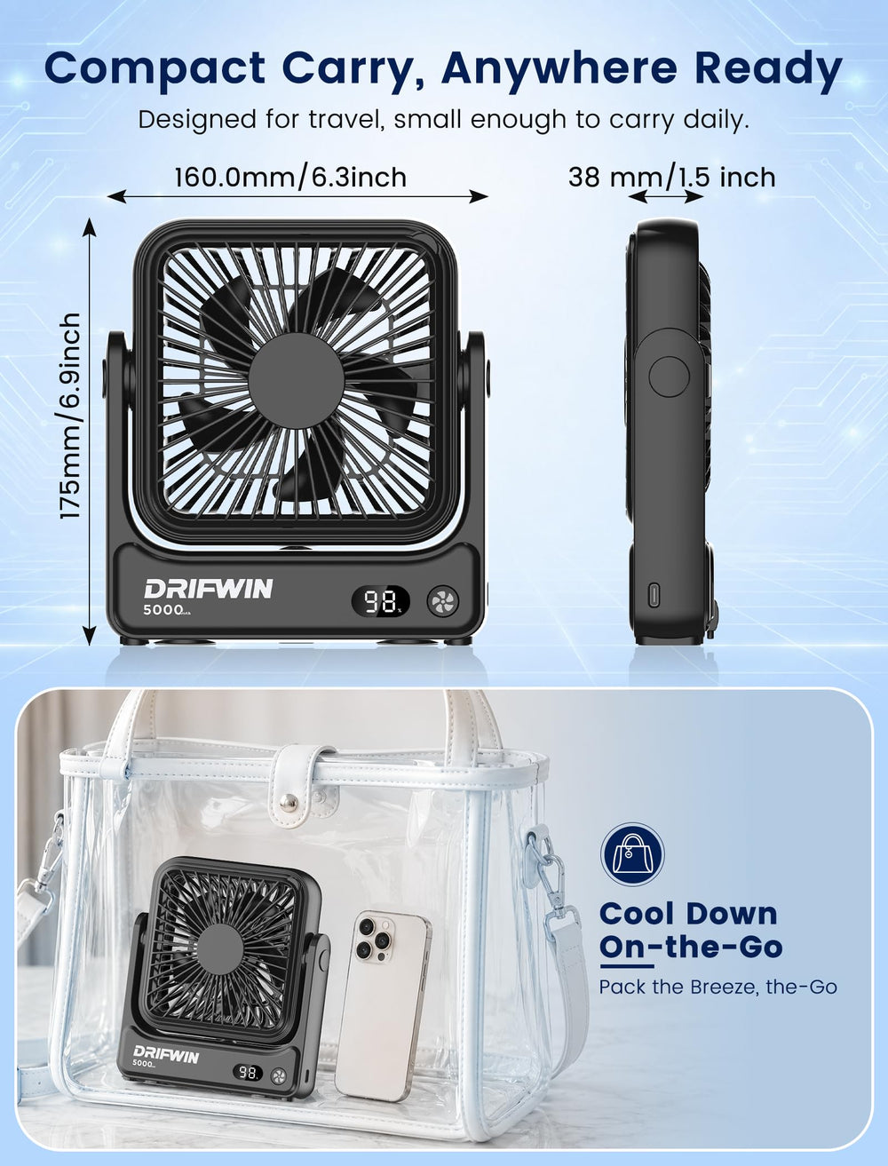DRIFWIN comparación de tamaño junto a una mano para evaluar portabilidad