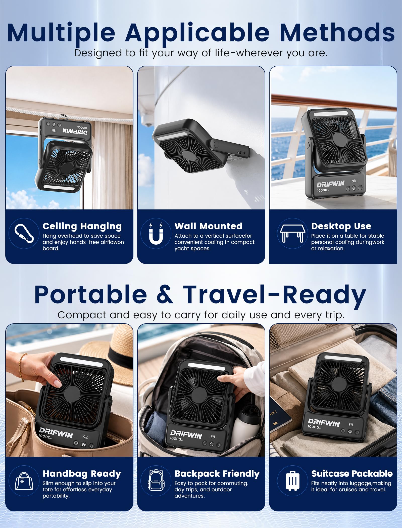 DRIFWIN empaque con accesorios listos para viajar y fácil almacenamiento