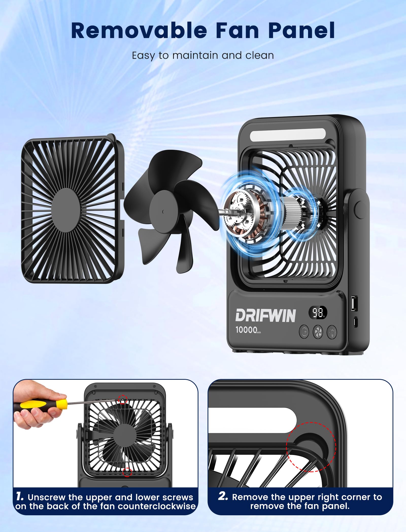 DRIFWIN con gancho colgado en tienda proporcionando ventilación elevada