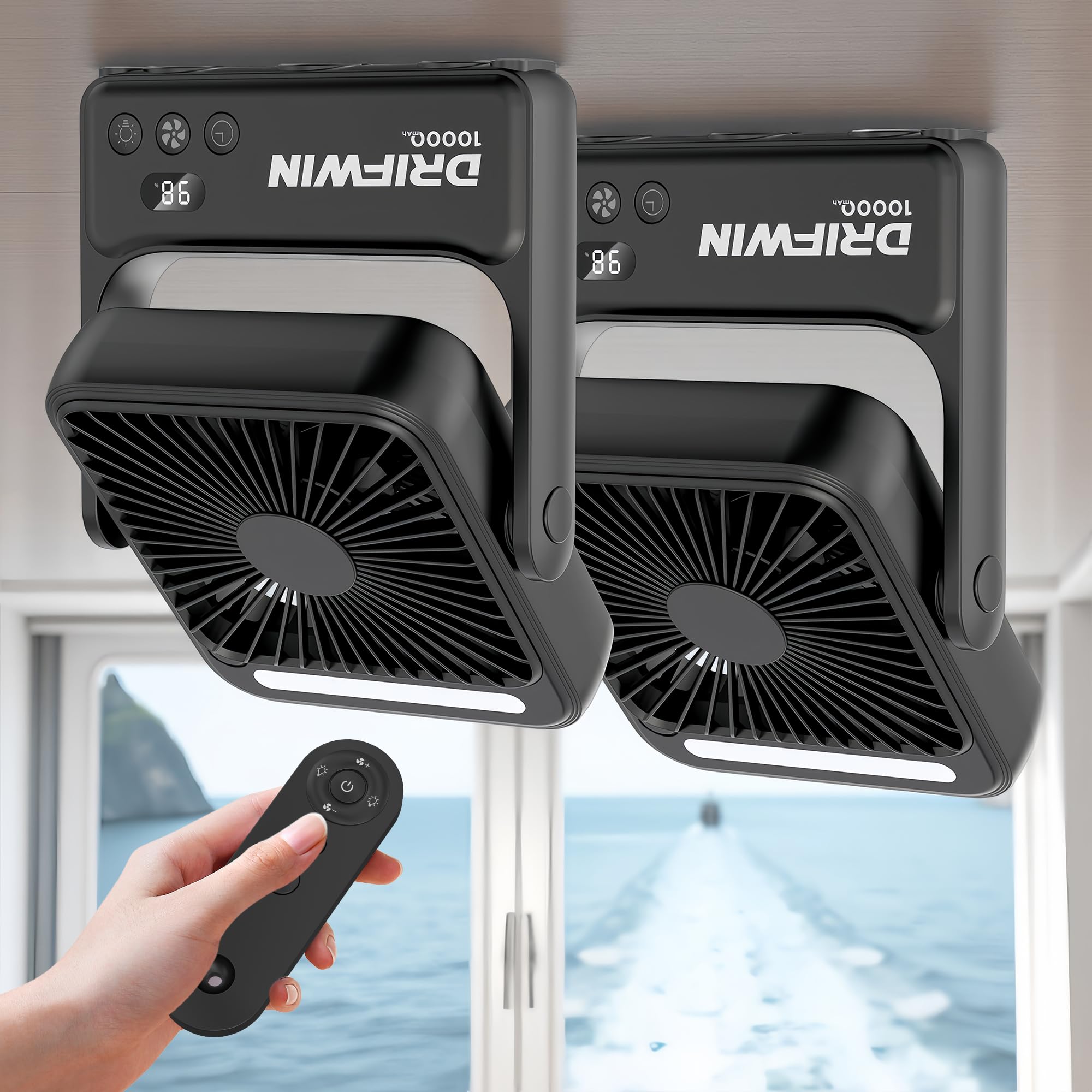 DRIFWIN ventilador frontal del paquete mostrando diseño compacto y utilidad