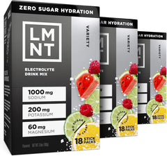 Drink LMNT vista frontal del empaque 54 sobres muestra variedad y conveniencia