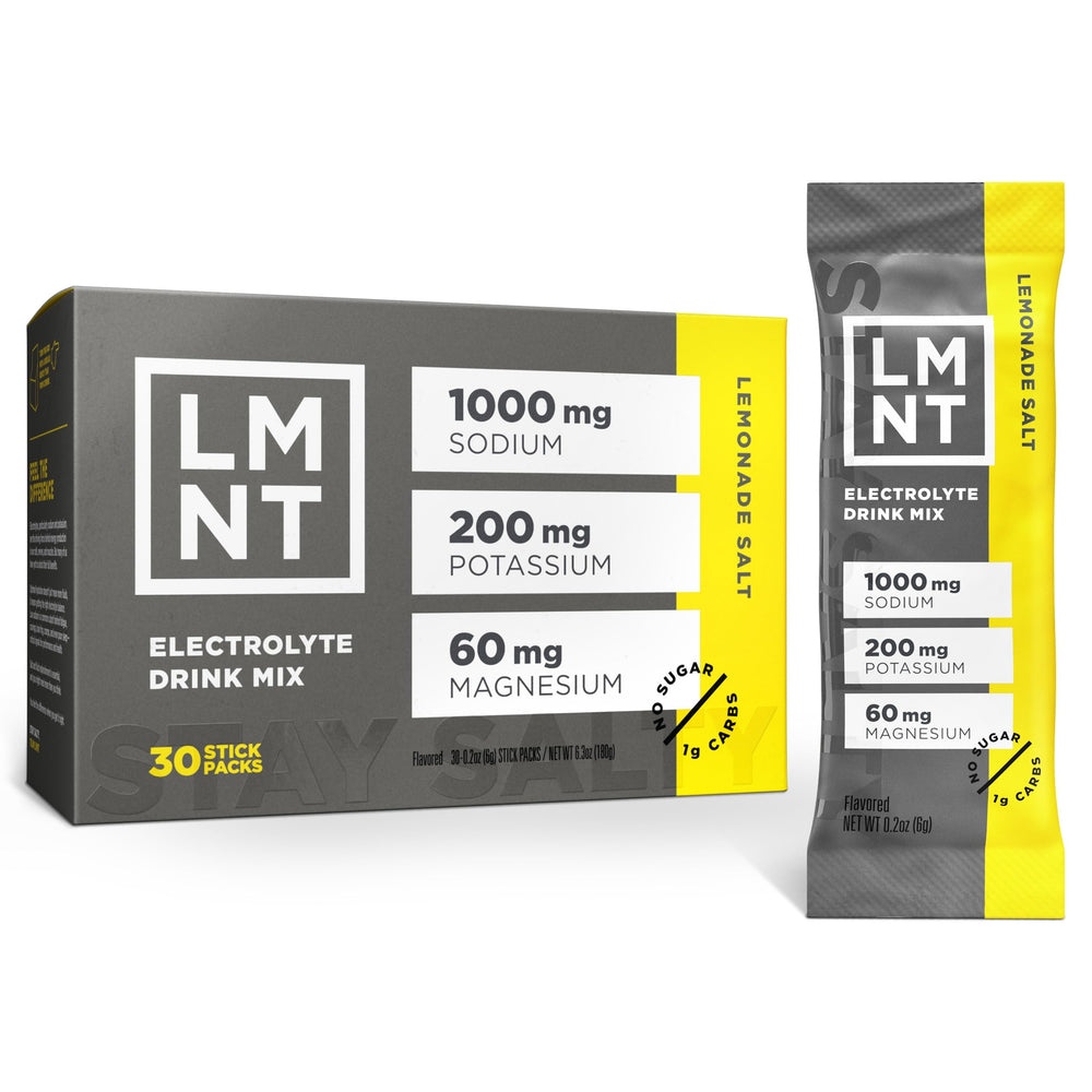 Drink LMNT frente del empaque mostrando 30 sobres y claridad de ingredientes