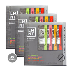 Drink LMNT vista frontal del paquete de 36 sobres con variedad de sabores y facilidad