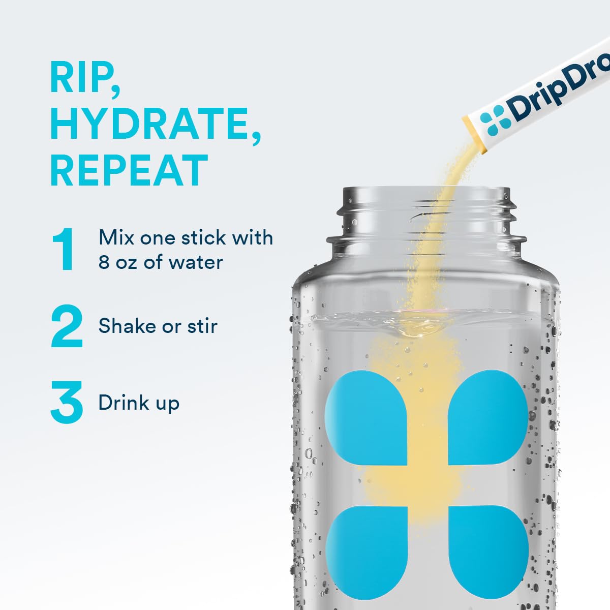 DripDrop comparación de tamaño junto a una botella para escala portable