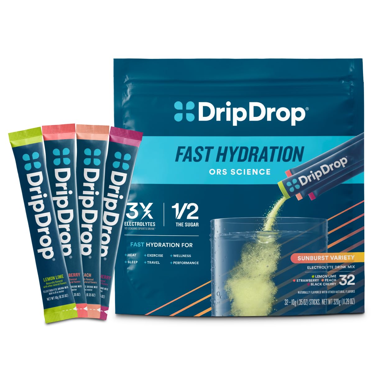 DripDrop empaque frontal Sunburst mostrando 32 sobres y beneficios